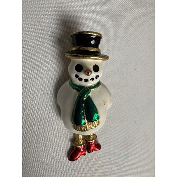 Vintage Gold Tone Snowman Brooch Pin Swinging Legs Christmas Holidays Frosty - Picture 3 of 8